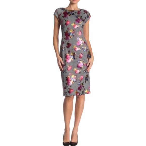 ECI Dresses & Skirts - ECI New York Floral Houndstooth Cap Sleeve Sheath Midi Dress Size 10